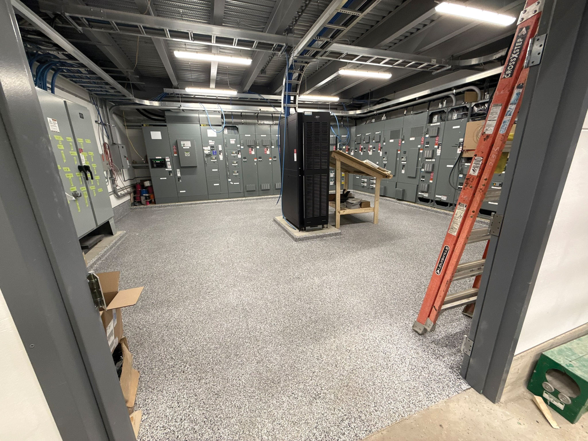 The electrical room. The electrical room houses the motor control cabinets, programmable logic controls (PLC) and equipment rack. This is the heart of the water treatment plant distributing power and allowing for controls of all major components. Delco Water, Synergy Electric and Stockdales Electric Motor Corporation contributed to this component of the project.<br />