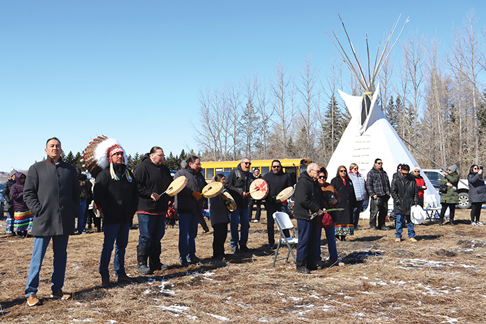 Members of Kahkewistahaw First Nation gather around to celebrate the arrival of their new herd.
