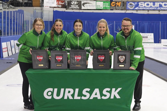 Team Campbell. From left, Skip Jolene Campbell, third Robyn Silvernagle, second Rachel Big Eagle, lead Danya Demmans, and Coach Ben Gamble.