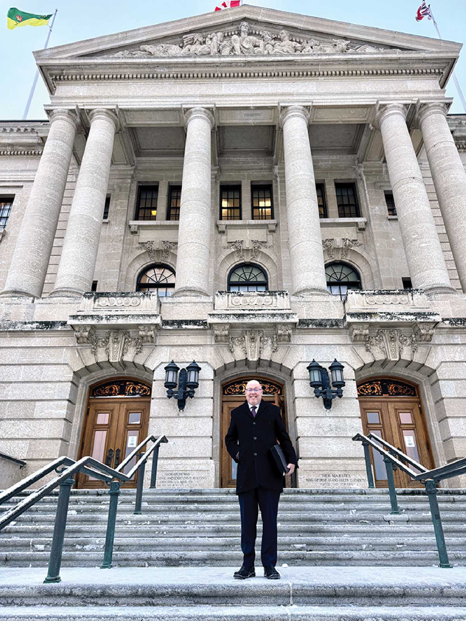 MLA Kevin Weedmark on the steps of the Legislature.