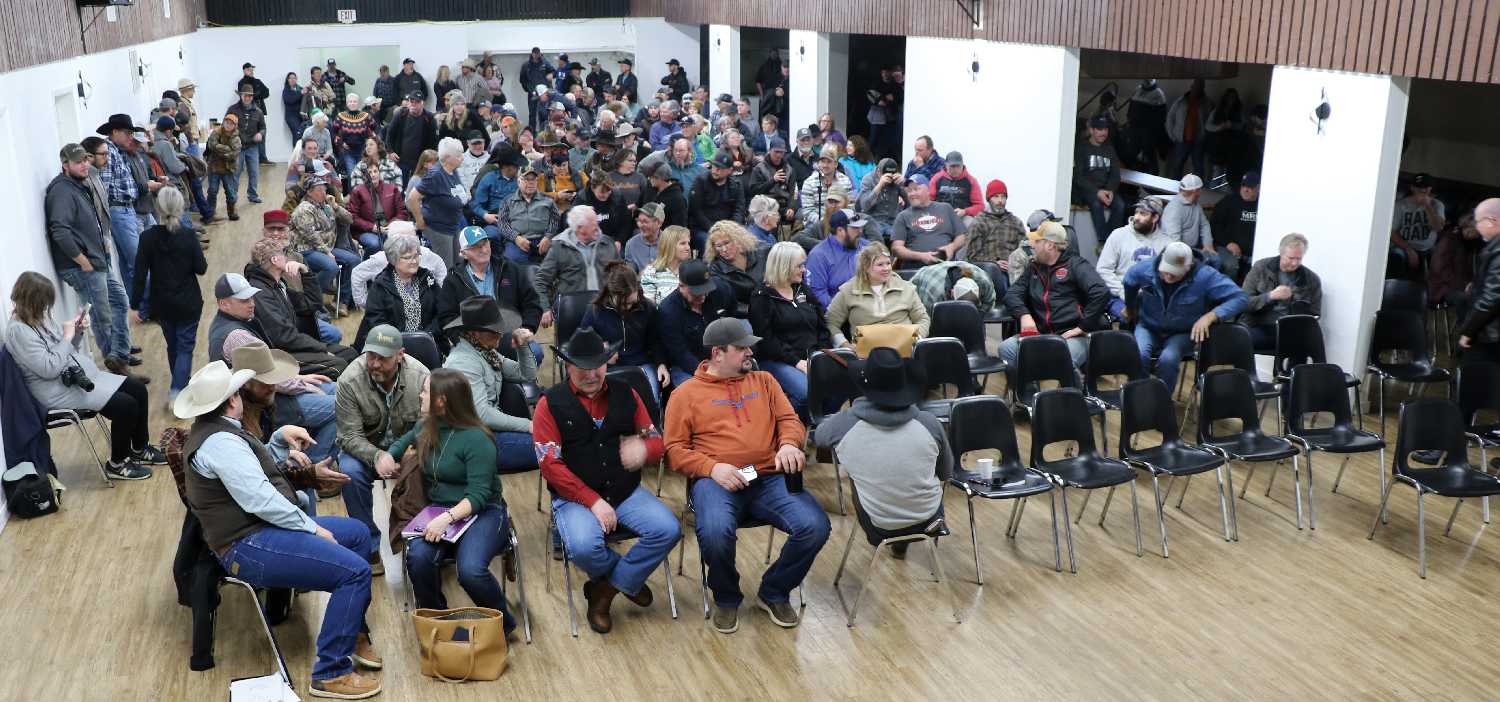 Part of the crowd at a meeting on cattle traceability held in Wawota Wednesday.