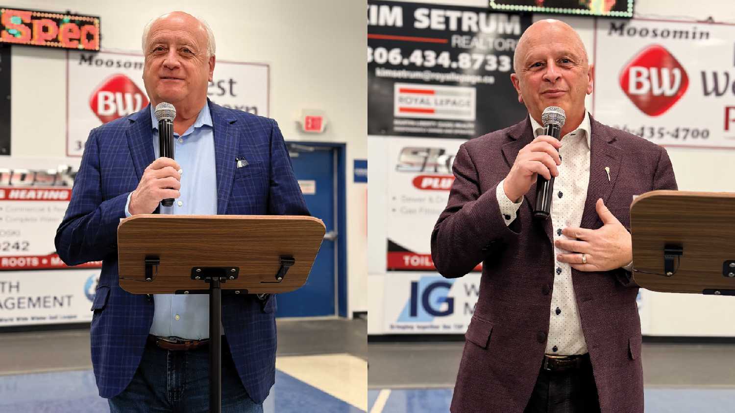 Left:Minister Dave Marit addressing Chamber of Commerce members in Moosomin. Right: Minister Kim Gartner at the Moosomin Chamber of Commerce meeting.